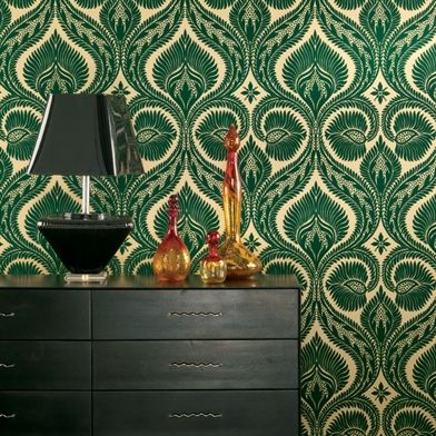 Osbourne&Little Wallpaper..."The damask is printed as a true flock in sumptuous colours and co-ordinating with selected colourways in DRYDEN DAMASK and DRYDEN VELVET.Osborne and Little's Dryden Wallpapers"  gorgeous green with off-white large allover print screaming with India's influence, but more subdued in just the one color Emerald Wallpaper, Osborne And Little Wallpaper, Flock Wallpaper, Dark Green Wallpaper, Wallpaper Bathroom, Design Fails, Bold Wallpaper, Art Deco Wallpaper, Wallpaper Accent Wall