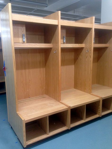 Wood Locker Ideas, Home Hockey Locker Room, Mens Locker Room Design, Sports Locker Room, Sport Locker Room, Locker Gym Design, Sport Bar Design, Wood Lockers, Sports Locker