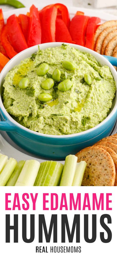 Edamame Hummus is a protein-packed appetizer that is light and delicious and whips up quickly for the perfect St. Patrick's Day starter! #Realhousemoms #edamame #hummus #appetizer #healthysnack #stpatricks #quickrecipe #protein Bean Appetizers, Unique Hummus Recipe, Edamame Hummus Recipe, Vegetarian Bean Recipes, Soybean Recipe, Edamame Recipes Salad, Edamame Dip, Easy Bean Recipes, Veggie Nachos