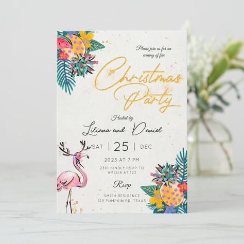 Tropical Christmas Party Invitation Card Luau Christmas Party, Tropical Christmas Party, Luau Christmas, Tropical Christmas Cards, Decorative Fonts, Colorful Invitations, Hosting Christmas, Tropical Christmas, Christmas Party Invitation