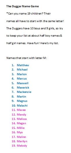 The Duggar Name Game *Can you name 19 children? Their  names all have to start with the same letter! The Duggars have 10 boys and 9 girls, so try  to keep your list at about half boy names & half girl names. Have fun! Here’s my list.  Baby Names that start with letter M: R Names For Boys, Babies Names, Good Nicknames, Name Game, Best Character Names, Cool Baby Names, Duggar Family, Name Games