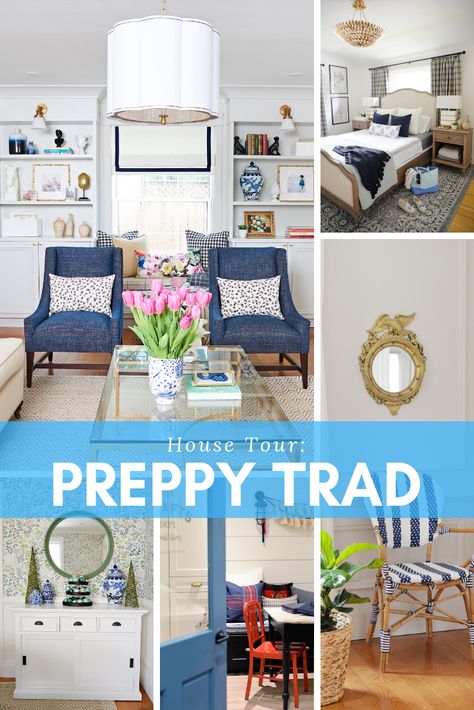 House Tour: A Colonial style house with preppy traditional classic style featuring blue and white decor, floral wallpaper, built-ins, moulding, and DIY touches. Eclectic Traditional Decor, Preppy Living Room, Preppy House, Colonial Style House, Preppy Decor, Eclectic Home Decor, Transitional Home Decor, Colonial Style Homes, Traditional Bedroom Decor