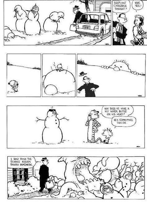 Calvin and Hobbes snowmen... how creative are YOUR snowmen? Calvin And Hobbes Snowmen, Calvin And Hobbes Dancing, Best Of Calvin And Hobbes, Calvin And Hobbes School, Star Wars Calvin And Hobbes, Calvin Und Hobbes, Calvin And Hobbes Quotes, Christmas Comics, Calvin And Hobbes Comics