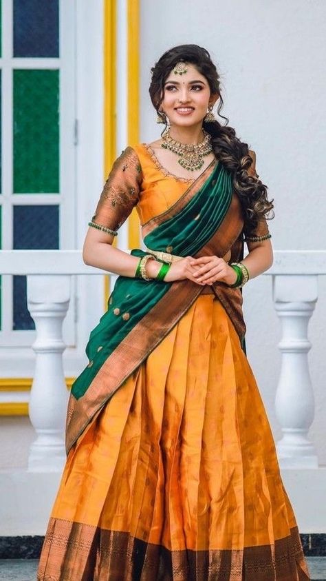 Telugu Traditional Dress, Rainy Photoshoot, Marriage Preparation, Telugu Culture, Langa Blouse, Half Saree Function, Designer Anarkali Dresses, Lehenga Saree Design, Simple Lehenga