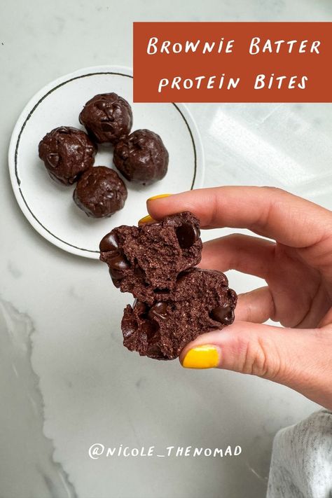 Brownie Batter Protein Bites Air Fryer Protein Brownie, Protein Finger Foods Party, Devotion Brownie Batter Recipes, Brownie Batter Protein Balls, Brownie Protein Balls, Nicole The Nomad, Fat Free Desserts, Wfpb Vegan, Protein Brownie