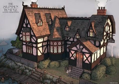 ArtStation - Guildhall Tavern - Exterior, Fion Lim Fantasy Inn, Fantasy Town, Minecraft Medieval, Casas The Sims 4, Medieval Houses, Building Concept, Minecraft Architecture, Building Art, Fantasy House