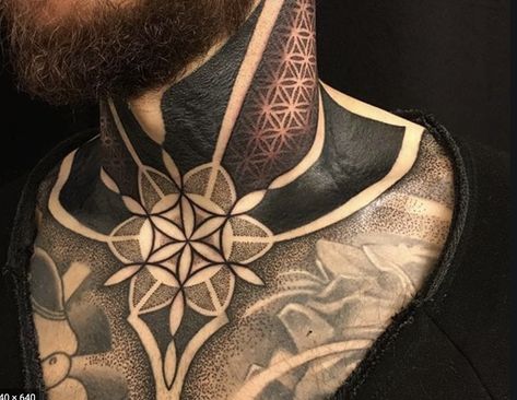 Blackwork Chest Tattoo, Geometric Throat Tattoo, Geometric Tattoo Neck, Geometric Sleeve Tattoo, Throat Tattoo, Cool Chest Tattoos, Pieces Tattoo, Chest Tattoos, Neck Tattoo For Guys