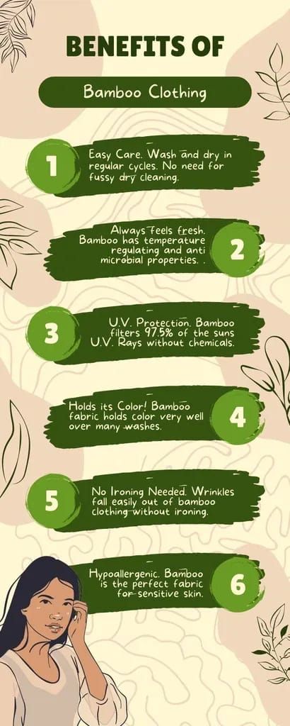 Have you ever wondered what are the benefits of Bamboo Clothing? 1. Easy Care. Bamboo clothing is easy to care for. 2. Always feels Fresh! Bamboo clothing has anti microbial properties. 3. U.V. Protection. Bamboo fabric has unique UV protection properties. 4. Keeps it's Color! Bamboo fibre hold colour far better than cotton due to the structure and makeup of the fibre. 5. No Ironing Needed.Your closet can be no fuss. 6. Hypoallergenic. Bamboo fibre has been shown to be hypoallergenic. Bamboo Fabric Clothing, Bamboo Fashion, Bamboo Clothes, Environmentally Friendly Living, Eco Friendly Cleaning Products, Fall Trends Outfits, Bamboo Dress, Bamboo Clothing, Wool Clothing