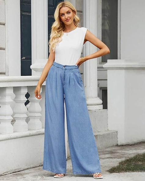 Women's High-Waisted Wide Leg Tencel Pants with Elastic Back Jeans Palazzo, Flowy Trousers, Tencel Pants, Wide Leg Palazzo Pants, High Waisted Jeans, Palazzo Pants, Denim Pants, High Waist Jeans, Summer Beach