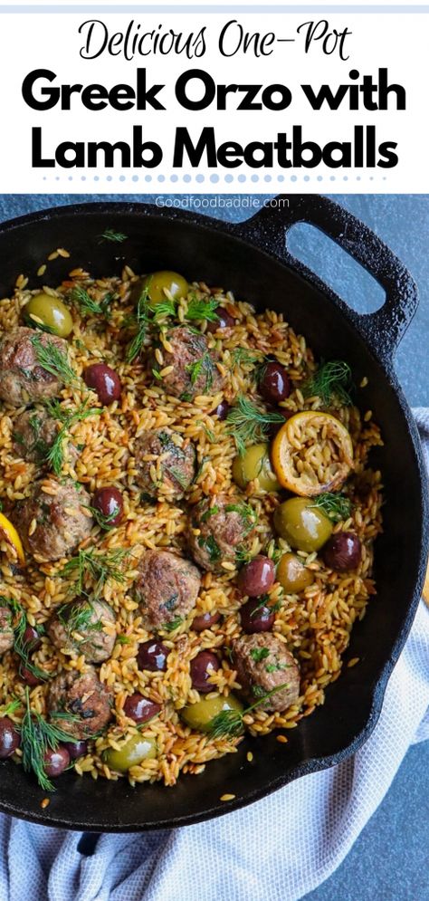 greek orzo with lamb meatballs Greek Meatballs Recipe, Lamb Meatballs Greek, Food Baddie, Greek Orzo, Greek Meatballs, Roasted Red Pepper Hummus, Vegan Recipes Plant Based, Orzo Recipes, Lamb Meatballs