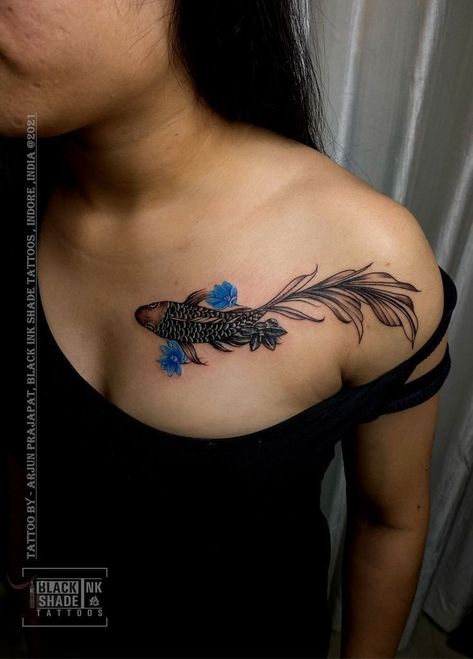 Fighter Fish Tattoo, Fish Cover Up Tattoo, Cover Up Name Tattoos, Fighter Fish, Collarbone Tattoos, Up Tattoo, Fish Tattoo, Collar Bone Tattoo, Cover Up Tattoo