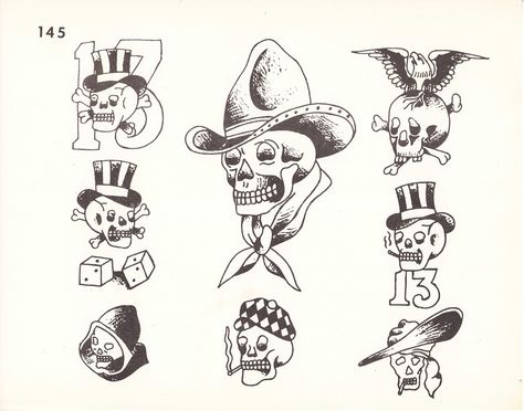 Huck Spaulding - 43 Fineline Traditional Tattoo, Huck Spaulding, Vintage Skull Tattoo, Huck Spaulding Flash, Jaws Traditional Tattoo, American Traditional Skull, American Traditional Flash Sheet, $50 Flash Tattoo, Goth Traditional Tattoo Flash