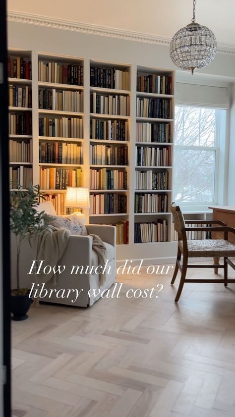 Nate Long | Details here 📚 We often get asked how much it cost to build our library wall and it was surprisingly cheap. We did not use an Ikea hack… | Instagram Diy Library Wall, Vintage Remodel, Vintage Home Library, Home Decor Thrift, Diy Library, Cozy Home Library, Library Vintage, Kreg Pocket Hole Jig, Home Office Library