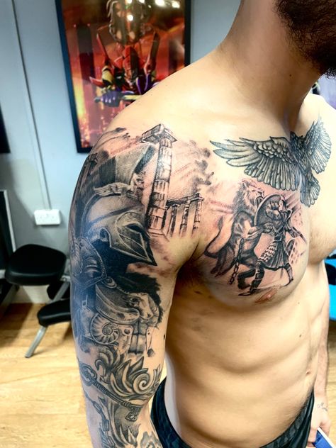 Tory gladiator tattoo done recently Gladiator Lion Tattoo, Lion And Gladiator Tattoo Design, Gladiator Arena Tattoo, Roman Gladiator Tattoo Design, Tattoo Ideas For Men Gladiator, Gladiator Movie Tattoo, Gladiator Film Tattoo, Gladiator Arena, Gladiator Movie