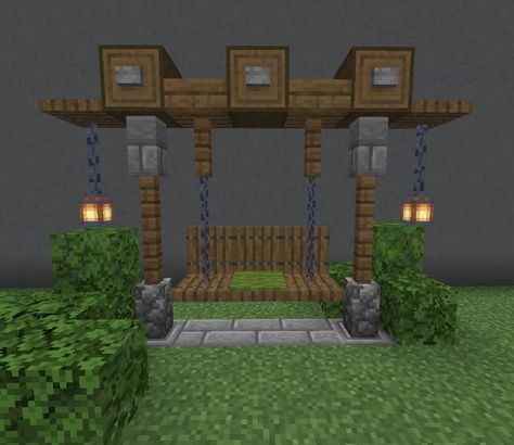 Swinging Chair Minecraft, Minecraft Sitting Area Outside, Sitting Area Minecraft, Minecraft Bench Design, Minecraft Benches, Minecraft Sitting Area, Minecraft Swinging Bench, Minecraft Porch Ideas, Minecraft Bench Ideas