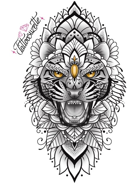 Tiger Mandala Tattoo Design, Lion Trible Tattoos, Tiger Mandala Tattoo, Mandala Animal Tattoo, Mandala Tiger, Trible Tattoos, Geometric Wolf Tattoo, Heaven Tattoos, Geometric Mandala Tattoo