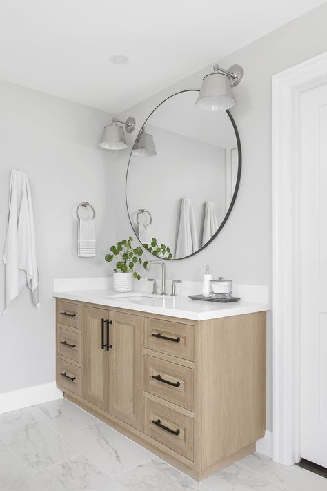 Master Ensuite -  A pretty (and functional) white oak vanity by Wheelers Studio is the main hub of this Ensuite Bathroom. The oversized mirror is not only perfect for getting ready in the morning, but a beautiful way to create the illusion of more light + space in this bright Ensuite. Makeover Kamar Mandi, Oak Bathroom Vanity, House Bathrooms, Oak Bathroom, Master Bath Remodel, Upstairs Bathrooms, Bathroom Renos, Kids Bathroom, Bathroom Remodel Master