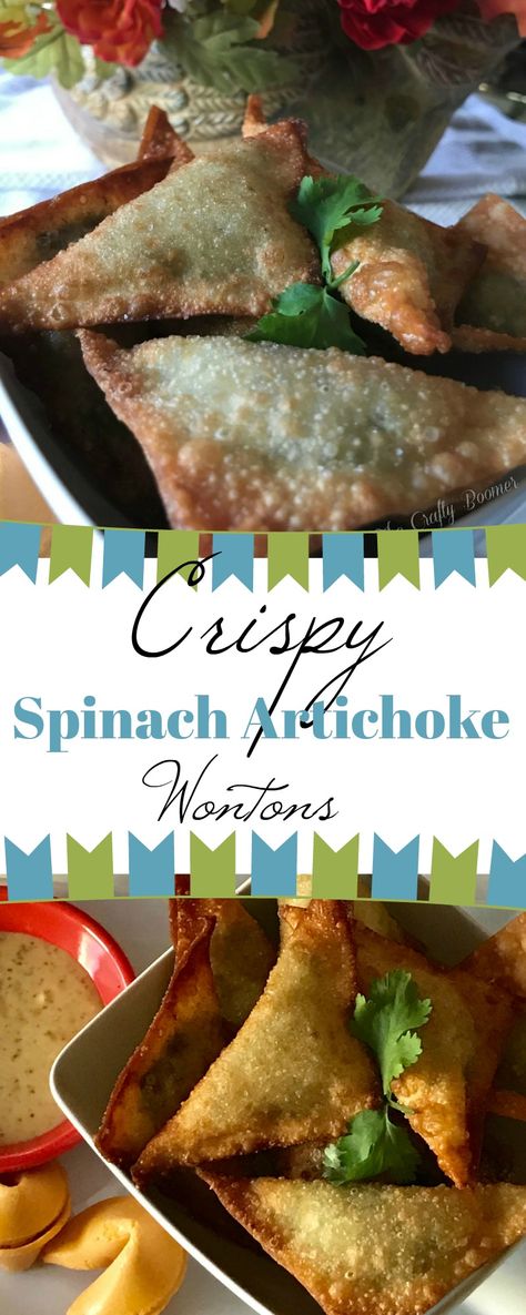 Crispy Spinach Artichoke Wontons are filled with a creamy filling enhanced by a crispy outer crunch. Spinach Dip Wonton Cups, Veggie Wonton Filling, Wonton Spinach Artichoke Cups, Spinach Artichoke Wontons, Spinach Artichoke Wonton Cups, Vegetarian Wonton, Crispy Spinach, Wonton Appetizers, Wonton Wraps