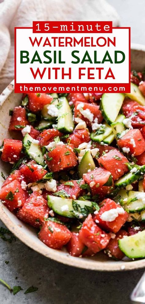 The summer salad of your dreams! You'll be making this side dish again and again. Not only is this Watermelon Basil Salad with Feta refreshing and full of flavor, but it is also gluten-free and nut-free! Serve it at your next summer party! Watermelon Feta Basil Salad, Healthy Bbq Side Dishes, Watermelon Basil Salad, Watermelon Feta Salad Recipes, Watermelon Basil, Watermelon Salad Recipes, Basil Salad, Side Salad Recipes, Salad With Feta