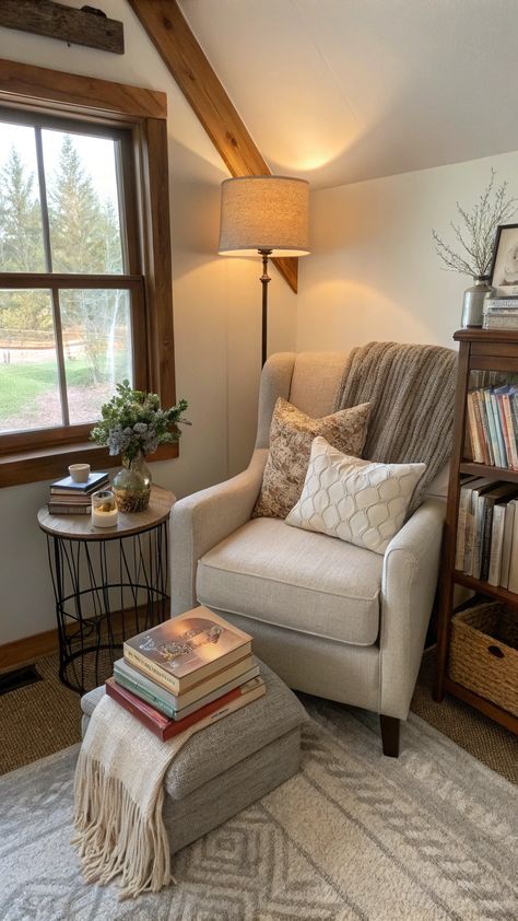 Modern Farmhouse Living Room Ideas Cozy Nook Ideas, Modern Farmhouse Living Room Ideas, Warm Lamp, Cozy Modern Farmhouse, Simple Bookshelf, Farmhouse Living Room Ideas, Soft Chair, Modern Farmhouse Living, Farmhouse Aesthetic