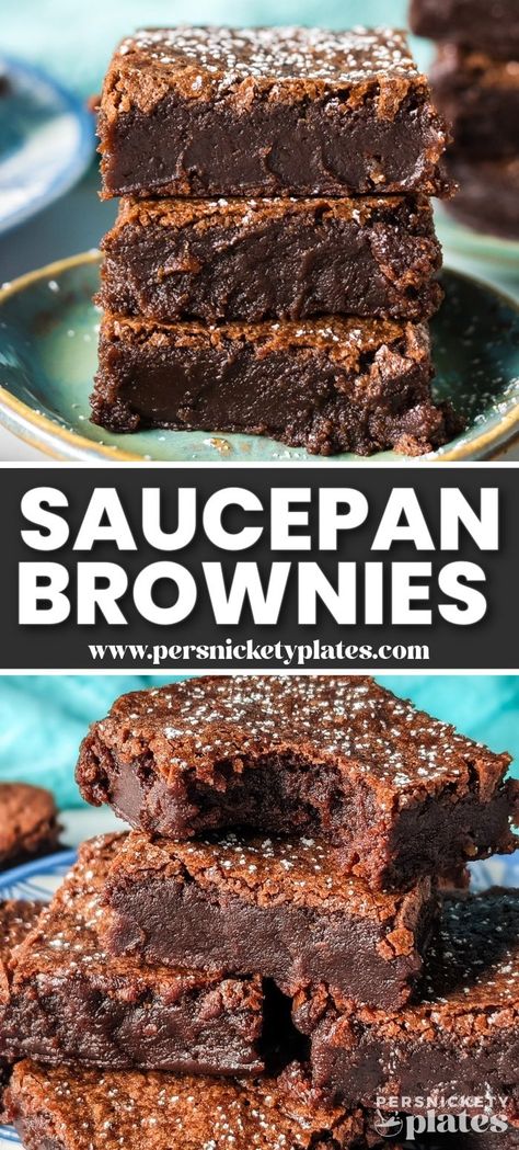 There's no comparing any store-bought brownie to the magic of homemade brownies, and these extra fudgy saucepan brownies are proof! With less flour than the average batch and the batter mixed on the stove, the resulting gooey brownies are downright swoon-worthy! Saucepan Brownies, Blondie Recipes, Persnickety Plates, Fudgy Cake, Healthy Granola Bars, Gooey Brownies, Dessert Recipies, Dessert Bar Recipe, Treats Recipes