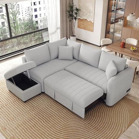 Amazon.com: LUMISOL 82.6" Convertible Sleeper Sofa Bed with Storage Ottoman, L-Shaped Sectional Sofa with Charging Stations, Pull Out Sofa Couch with Chaise for Living Room, Apartment, Grey : Home & Kitchen L Shaped Sofa Bed, L Shape Sofa Set, Apartment Finds, Grey Sofas, Couch With Chaise, L Shape Sofa, Pull Out Sofa, Grey Home, Sofa Set Designs