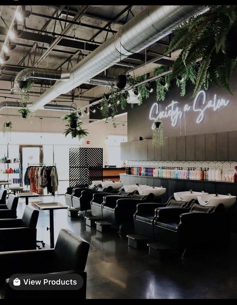 Salon Backbar Ideas Shampoos, Shampoo Bowl Area, Industrial Hair Salon, Industrial Salon Decor, Salon Shampoo Area, Salon Decor Studio, Salon Color Bar, Scandi Farmhouse, Salon Reception Area