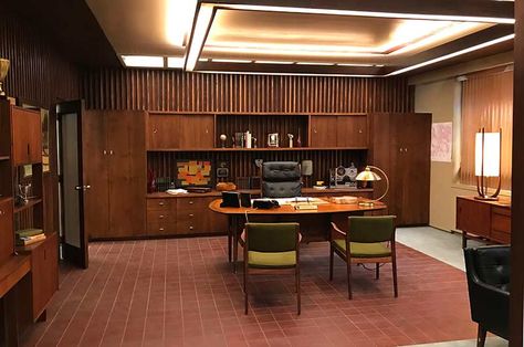 Mid Century Modern Corporate Office, Dark Wood Office, Bosses Office, 60s Office, 1960s Office, 1970s Office, 70s Office, 1960s Interior Design, Mcm Office