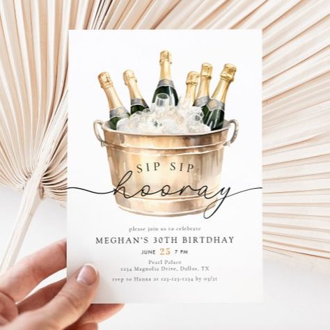 $2.92 | Watercolor Champagne Sip Sip Hooray Birthday Party #birthday party invitations, sip sip hooray, champagne, gold, modern, wine adult birthday invite, watercolor, elegant, calligraphy script, unique trendy chic Bubbly Birthday Party, Champagne 40th Birthday Party, Champagne Birthday Ideas Themed Parties, Champagne Party Ideas Decorations, Champagne Theme Birthday Party, Champagne Birthday Party Theme, Champagne Birthday Ideas, Champagne Theme Party, Champagne Birthday Party