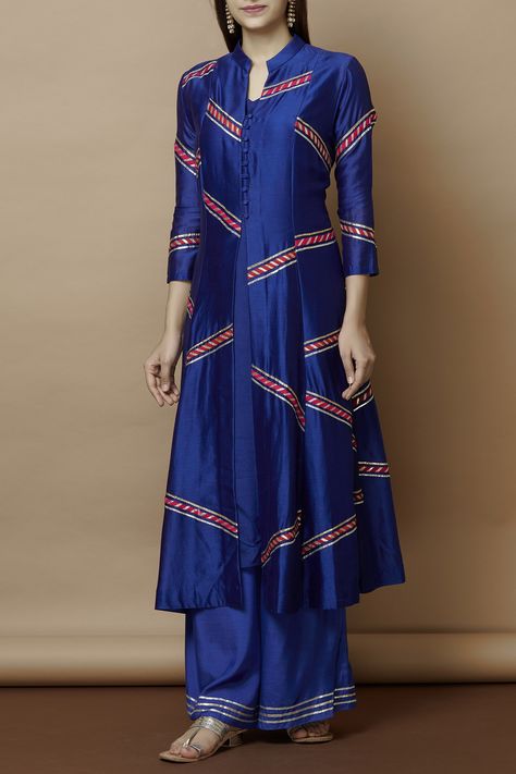 Blue Jacket Style, Kurta Palazzo Set, Quick Fashion, India Clothes, Chanderi Kurta, Designer Lehengas, Pakistani Salwar, Simple Kurta Designs, Trouser Suit