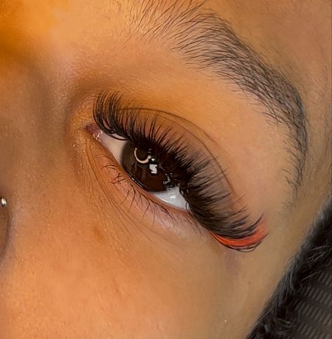 Lash Extensions With Color Red, Lash Extensions With Red At The End, Eyelash Extensions With Red Color, Lash Extensions With Orange Color, Red And Black Eyelash Extensions, Eyelash Extensions With Red At The End, Red Eyelashes Extensions, Lashes With Red At The End, Lash Extensions With Red Color