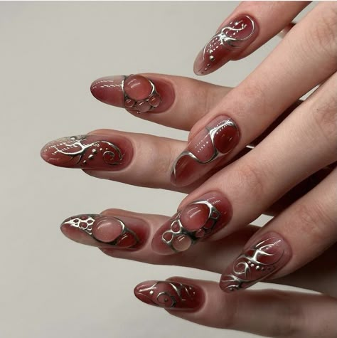 Chrome Red Nails, Red Nails Art, Red And Silver Nails, Chrome Red, Wow Nails, Hippie Nails, Korean Nails, Goth Nails, Grunge Nails