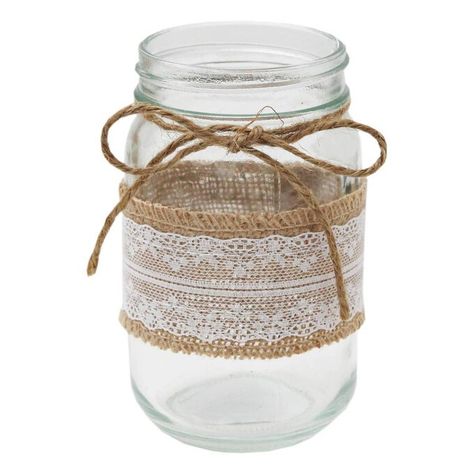 Decorating Glass Jars, Glass Jar Decoration, Lace Jars, Wedding Jars, Wicker Hearts, Flowers In Jars, Led Tea Lights, Wooden Lanterns, Rope Crafts Diy