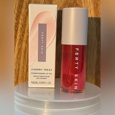 Fenty skin. Cherry tree conditioning lip oil/gloss Fenty Lip Oil, Lip Oil Gloss, Fenty Skin, Fenty Beauty Makeup, Skin Care Line, Body Smells, Lip Shine, Cherry Tree, Lip Balm Gloss