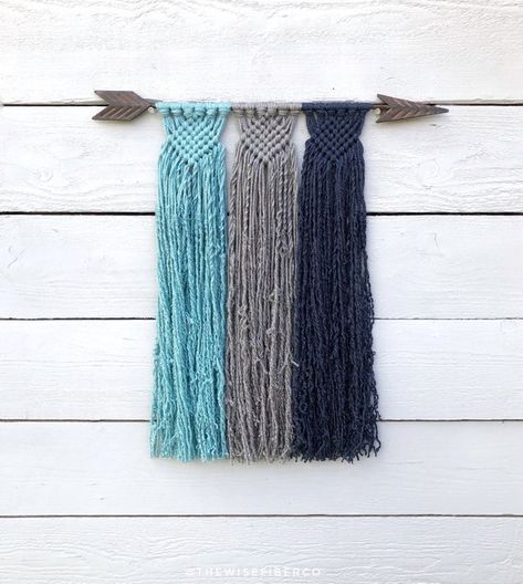 Sea Blue Gray and Denim Blue Macrame Wall Hanging, Rustic Metal Arrow Decor, Custom Coastal Beach Ho Blue Macrame Wall Hanging, Teal Wall Decor, Blue Macrame, Yarn Wall Art, Teal Walls, Metal Tree Wall Art, Tree Wall Decor, Wall Hanging Diy, Macrame Wall Art