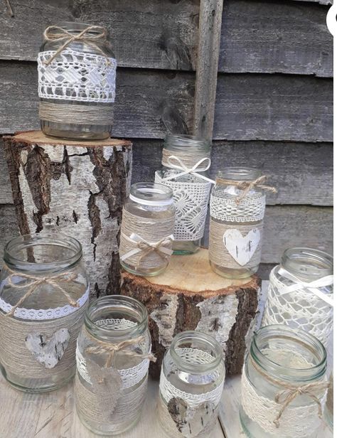 Lace Jars, Wedding Jars, Tea Light Candle Holders, Centerpieces Diy, Wedding Centrepieces, Jar Candle Holder, Rustic Vintage Wedding, Rustic Wedding Table, Glass Wedding