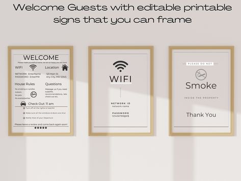 Airbnb Signs are a MUST HAVE to welcome your guests and reduce questions. BONUS Welcome Book Template. Save time and be stress free with our AIRBNB CANVA TEMPLATES. #airbnbtemplates #airbnbsigns #airbnbwelcomebook Air Bnb Signage, Airbnb Branding, Airbnb Rules Template, Air Bnb Check Out Instructions, Check In Instructions Airbnb, Airbnb Welcome Book Template, Book Template, Printable Signs, You Must