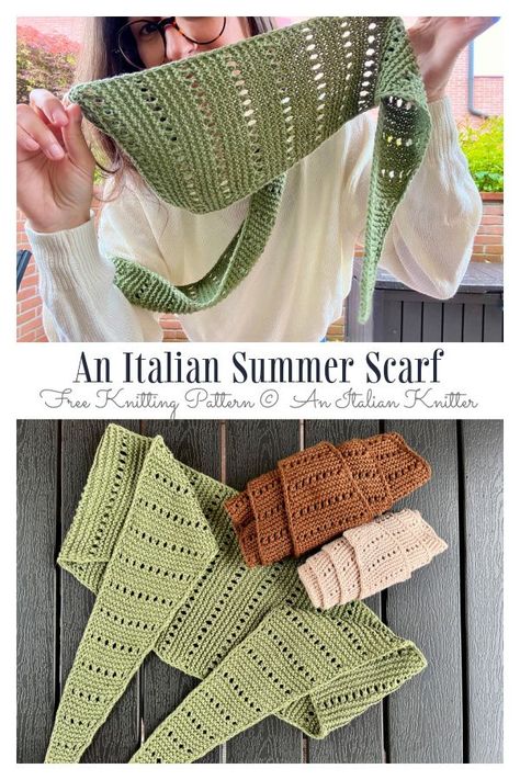 Italian Summer Scarf Free Knitting Pattern Summer Knitting Projects, Shawlette Pattern, Glove Pattern, Crochet Gloves Pattern, Knitting Patterns Free Scarf, Cowl Knitting Pattern, Summer Scarf, Scarf Knitting, Shawl Knitting Patterns