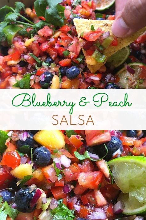 Fresh Peach Blueberry Salsa: fruity salsa with a delicious bite! This fresh salsa is so addictive. The peaches and blueberries are a sweet surprise! Blueberry Salsa Recipe, Game Appetizers, Blueberry Salsa, Summer Apps, Appetizers Cold, Cold Appetizer, Easy Finger Foods, Nail Party, Strawberry Salsa