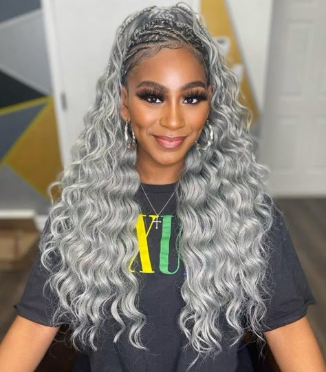 Long Silver Crochet Hair with Cornrows Grey Braids, Grey Hair Braids, Crochet Curls, Grey Hair Don't Care, Braids Cornrows, Afro Braids, Curly Crochet Hair Styles, Hair Adviser, Beautiful Gray Hair