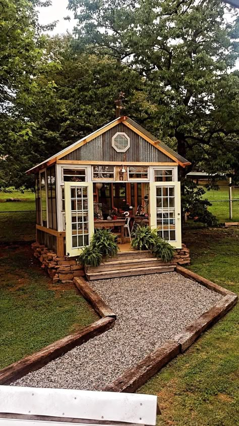 Small Outdoor Shed Ideas, Hidden Garden Shed, She Shed With Greenhouse Attached, Back Yard Sheds Buildings, Greenhouse Entryway, Garden Library Shed, She Shed Layout, She Shed Greenhouse Ideas, Garden Art Studio