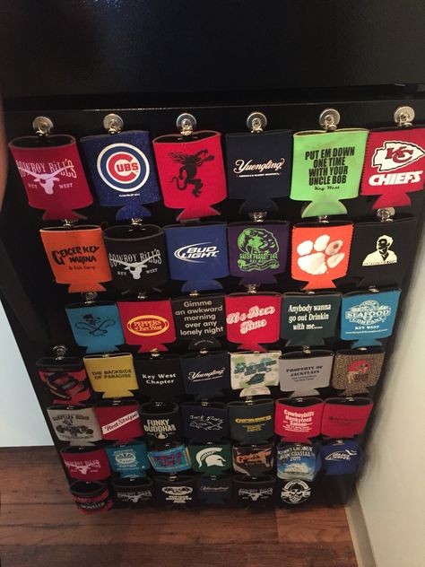 Koozie storage on fridge with magnet clips. Koozie Storage, Man Cave Decorating Ideas, Apartment Ideas For Men, Cave Basement, Ultimate Man Cave, Man Cave Basement, Men Apartment, Babe Cave, Man Cave Home Bar