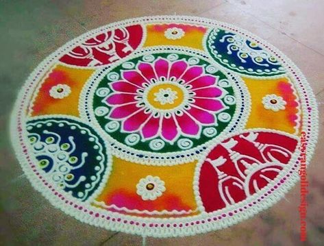 50 Circle Rangoli Designs (Rangoli Ideas) - March 2020 Rangoli Pictures, Circle Rangoli Designs Diwali, Circle Rangoli Design, Artistic Rangoli, Circle Rangoli, Rangoli Competition, Sanskar Bharti Rangoli Designs, Bal Ganesh, Ganesha Artwork