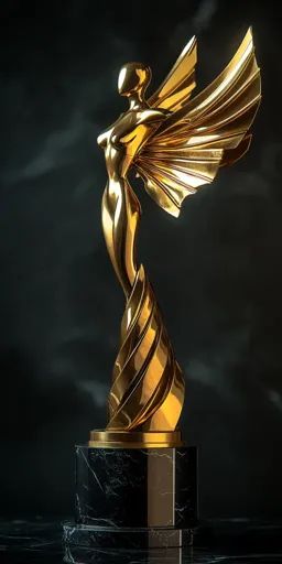 ↑↑↑ Larger size on website 🔸 A golden award trophy in the shape of a woman with wings stands on a black marble base. The trophy h Art Trophy, Woman With Wings, Trophy Stand, Golden Awards, Award Trophy, Dynamic Pose, Awards Trophy, The Wings, Black Marble