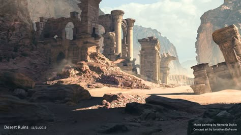 Desert Ruins by Nemanja Dojkic Ancient Jedi Temple, Sunken Ruins, Desert Ruins, Desert Temple, Underwater Ruins, Ruins Architecture, Ruined City, Temple Ruins, Desert Environment