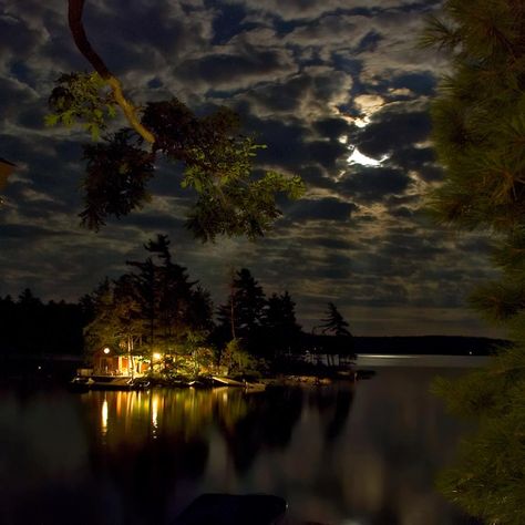 Cottage on the lake at night.....I'd love to vacation here! Ontario Cottages, Cottage Lake, Lake George, Theme Halloween, The Night Sky, Cabins In The Woods, Pics Art, الرسومات اللطيفة, New Yorker