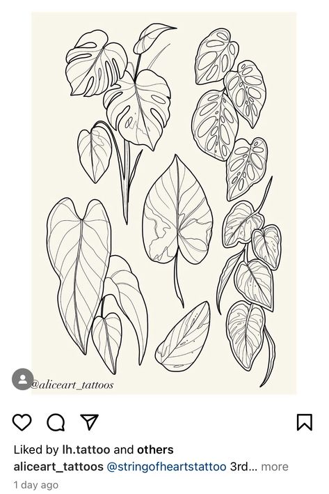 Plant Tattoo Fine Line, Philodendron Tattoo Design, House Plant Tattoos, Philodendron Plant Tattoo, Linework Plant Tattoo, Foliage Drawing, Philodendron Tattoo Leaves, Pothos Drawing, Plant Arm Tattoo