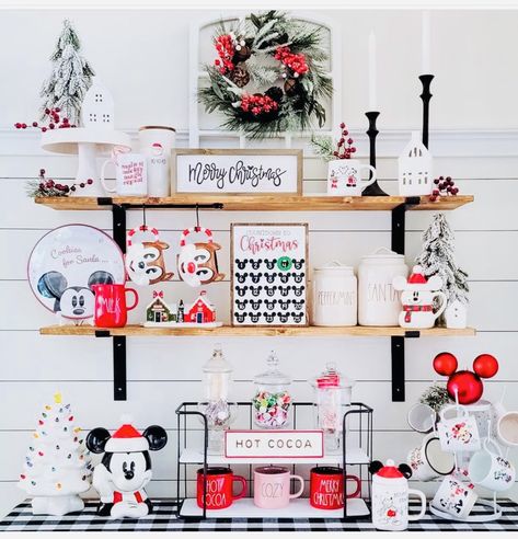 Disney At Home, Mickey Mouse Decorations, Disney Christmas Decorations, Disney Room Decor, Christmas Ideas Gifts, Buffet Decor, Minnie Christmas, Disney Home Decor, Hot Cocoa Bar