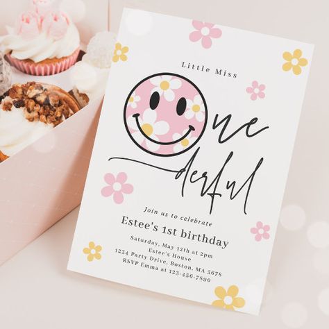 Birthday Smiley, Little Miss Onederful, Smiley Daisy, Invites Template, Miss Onederful, Daisy Party, Custom Party Invitations, Kids Birthday Party Invitations, Friends Font