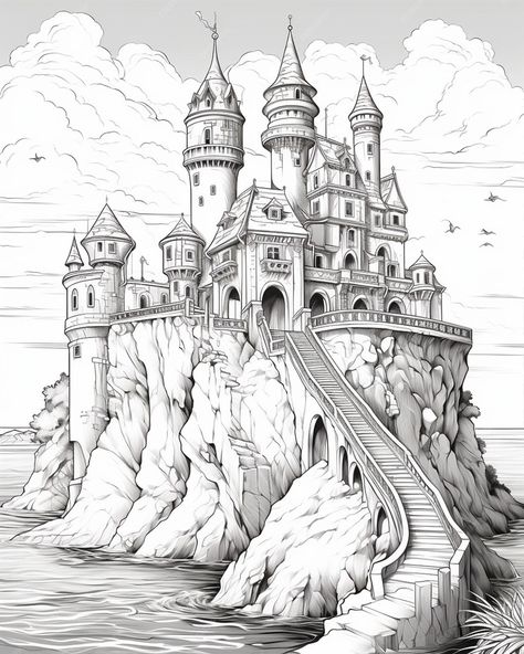 White Sketches, Castle Coloring Page, Colouring Pictures, Tattoo Coloring Book, Castle Drawing, Coloring Pages For Grown Ups, Fall Coloring, Colouring Sheets, Scary Animals